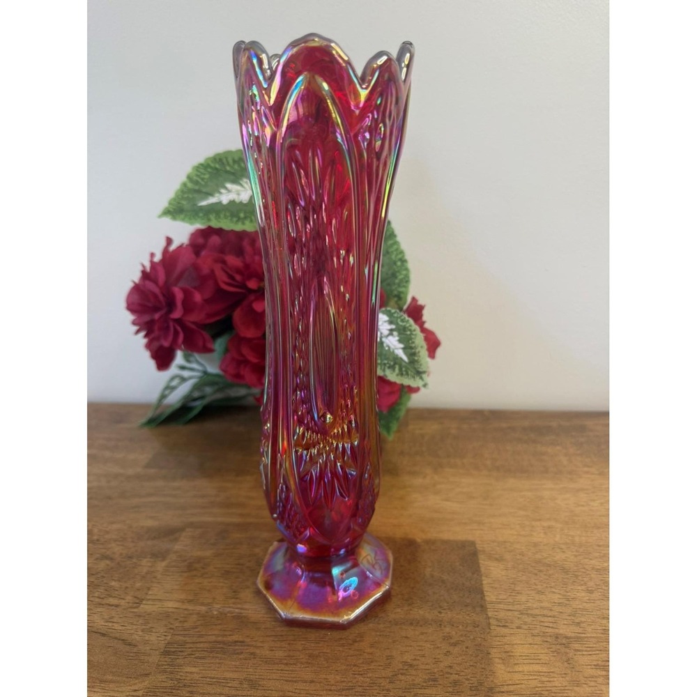 Vintage Ruby Red Amberina Carnival Glass Vase – Iridescent Swung Scalloped Edge